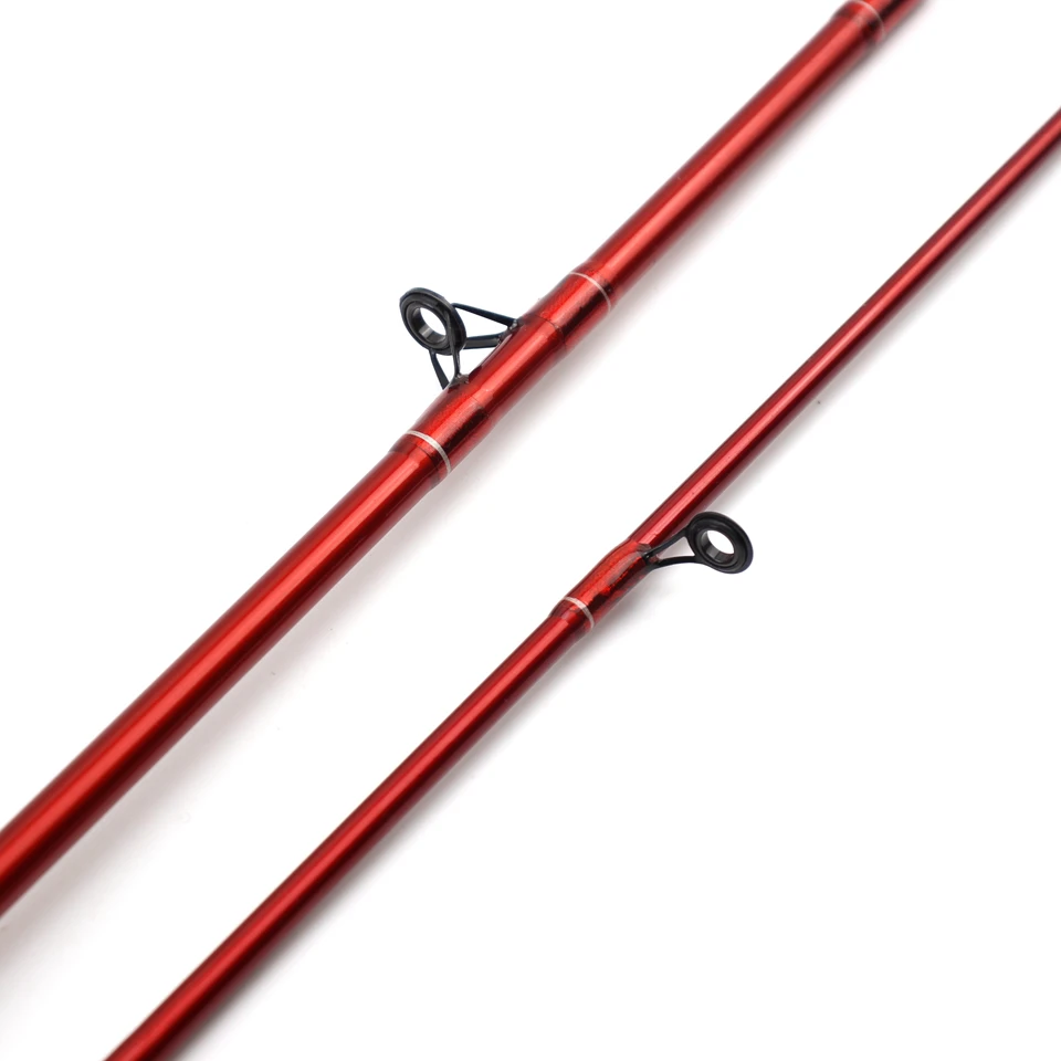 una elegante caña de pesca roja diseñada para precisión y facilidad de uso