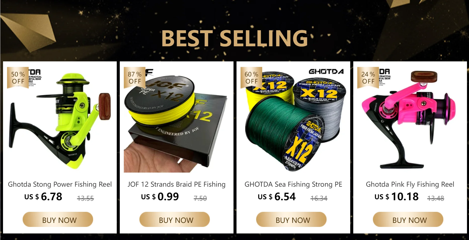Una colección de carretes de pesca, que forman parte de una categoría de productos MÁS VENDIDOS. Se muestran cuatro modelos diferentes, cada uno con un color y diseño diferente.