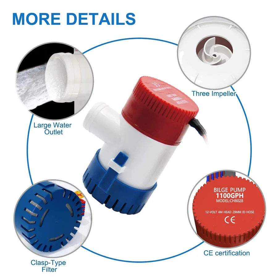 Bomba de sentina eléctrica sumergible para barco, accesorios de poco ruido para agua marina, 350-1100GPH, 12/24V - imagen 5