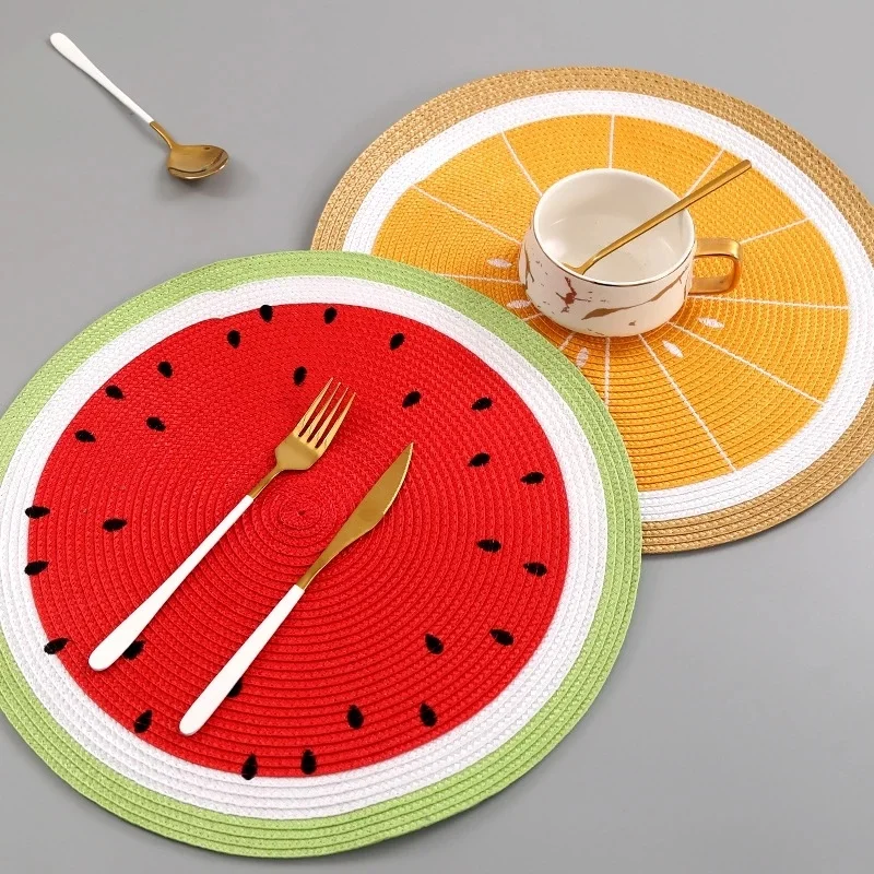 Posavasos para bebidas de sandía y limón, Mantel Individual redondo tejido de PP, fruta de dibujos animados, plato para mesa de comedor, accesorios de cocina, decoración del hogar - imagen 3