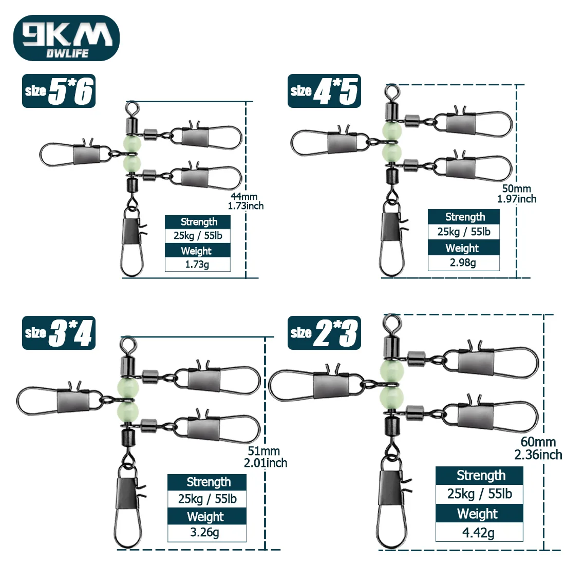 9KM 10 Uds. Giratorios de 3 vías giratorios de calamar en forma de T con cuentas brillantes para pesca en Surf, evitando giros y enredos - imagen 2
