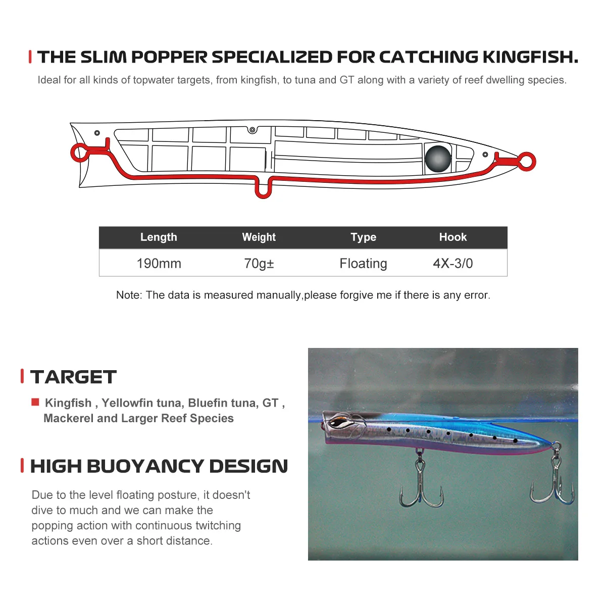 NOEBY Daio Popper señuelo de pesca 190mm 70g flotante de fundición larga buceo natación Artificial duro señuelo atún GT Señuelos de pesca de mar - imagen 2