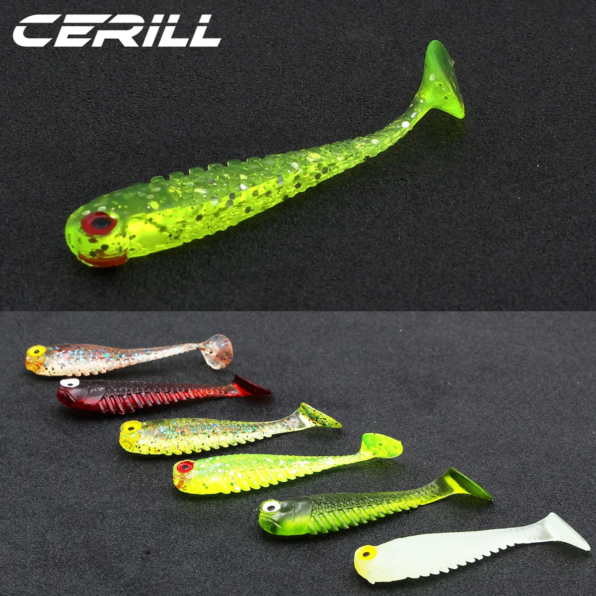 Ceril-señuelo de pesca suave 3D ojos T cola Artificial silicona realista gusano cebo luminoso pequeño Wobbler Swimbait, 5,5 cm, 7cm, 10 piezas - imagen 5