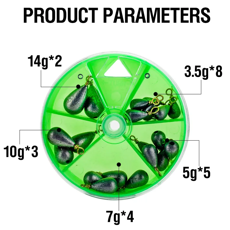 22 unids/caja pesas de pesca Kit de plomos 3,5g 5g 7g 10g 14g pesas de gota de agua de liberación rápida accesorios de aparejos herramientas de plomos - imagen 3