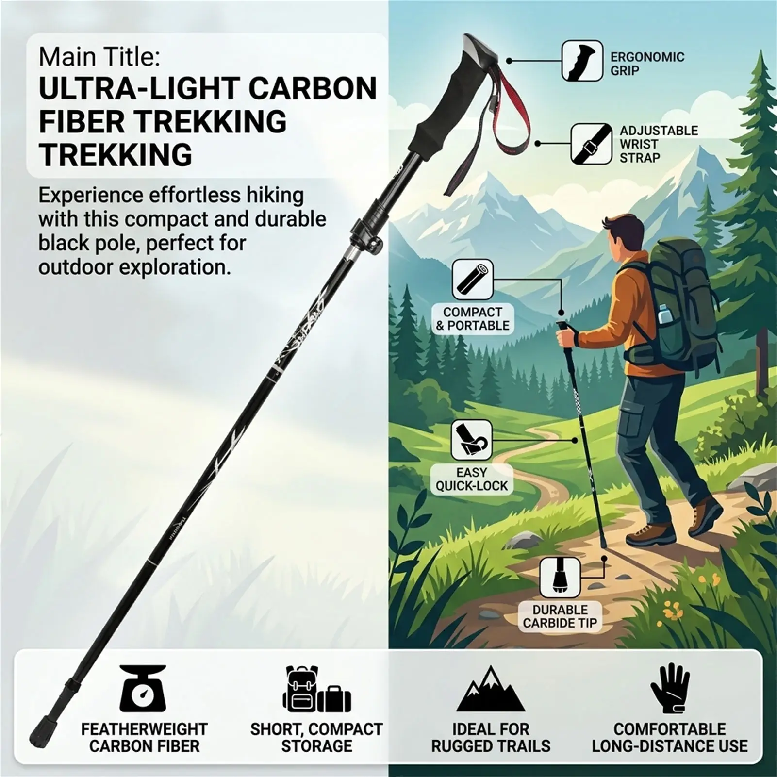 Bastones trekking fibra carbono ajustables mango antideslizante