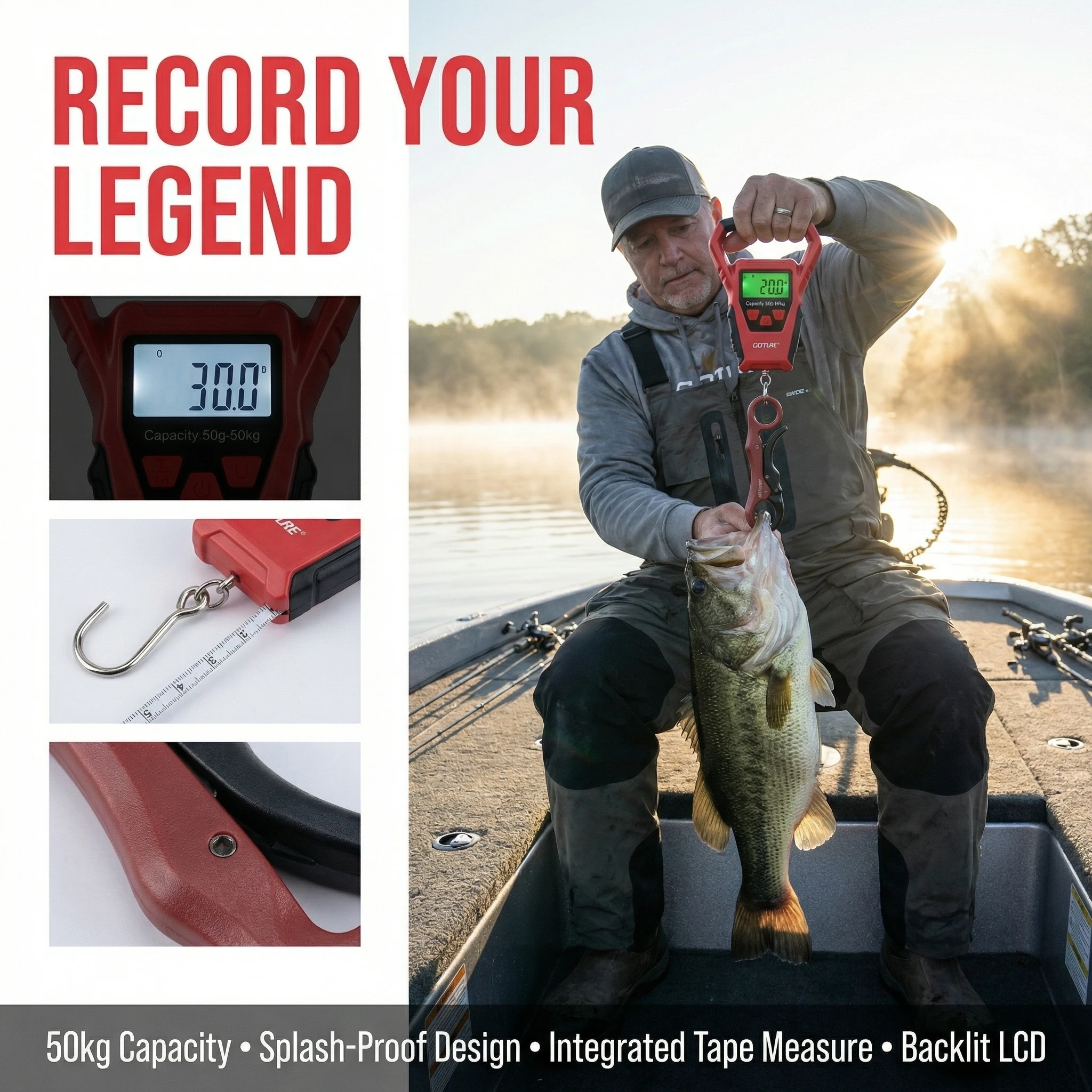 Goture Báscula Digital Pesca con cinta métrica y retroiluminación – 1 m