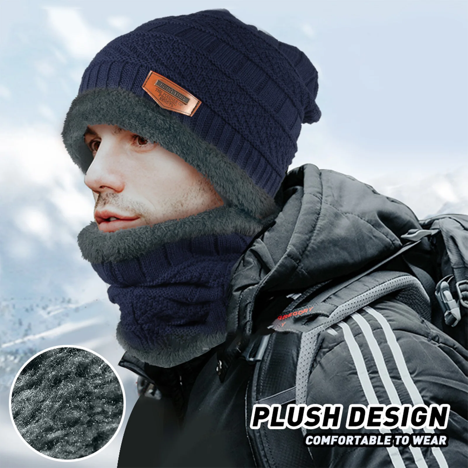 Conjunto de bufanda para senderismo de invierno para hombre, bufanda tejida de felpa gruesa, sombrero para acampar, senderismo, ciclismo, montar, pesca, gorros cálidos, 2 uds. - imagen 4