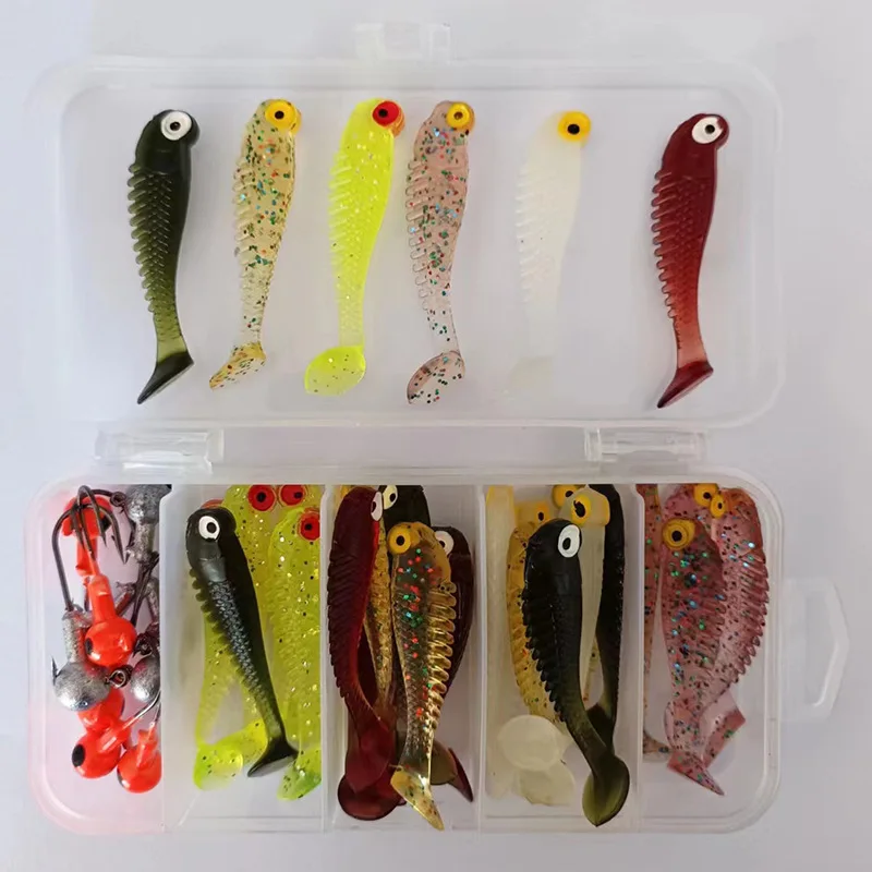 30 Uds señuelo de Pesca suave 5,5 cm T cola gusano 10 Uds anzuelo de cabeza de Jigging 3,5g plantilla de Metal Pesca de carpa Swimbait Kit de equipo cebo - imagen 4