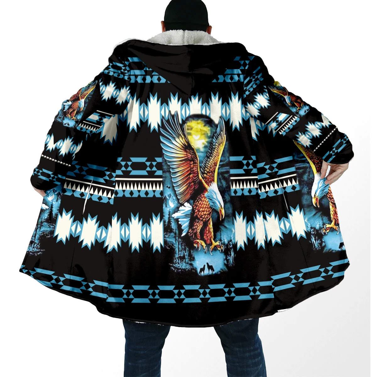 Capa de moda de invierno para hombre, capa con capucha de lana gruesa con estampado de animales de lobo nativo, capa cálida informal Unisex DP84 - imagen 4