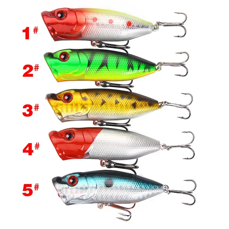 Cebo Popper de 6,5 cm de longitud, señuelos de pececillo de pesca multicolores, Wobblers, cebo duro Artificial para pesca en el mar con 2 anzuelos triples - imagen 3