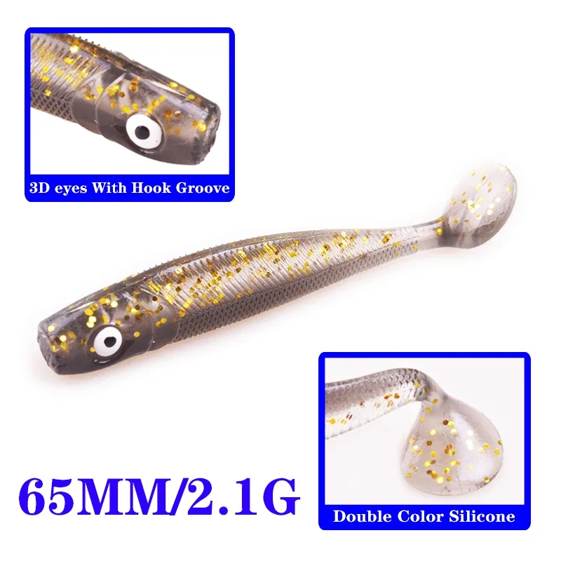 10 Uds Jigging Wobblers cebos blandos 6,5 cm 2g ojos 3D cebo de silicona artificial señuelo de Pesca T cola Bass Pike Pesca aparejos de Pesca