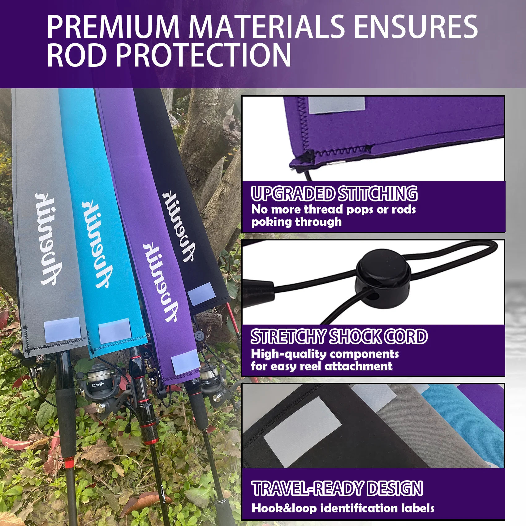 Aventik Funda de caña de pescar transpirable de neopreno, cubierta de caña flotante, calcetín protector etiquetado para caña de pescar de fundición giratoria - imagen 4