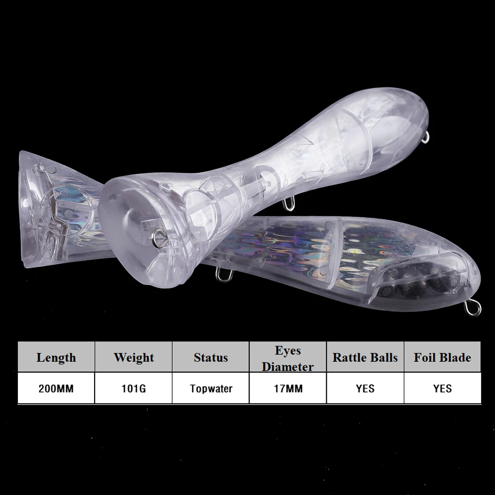 Chan'sHuang-Cebo en blanco sin pintar, 3 piezas, 200MM, 101G, sonajero de superficie, lámina holográfica en el interior, Señuelos de Pesca artificiales - imagen 2
