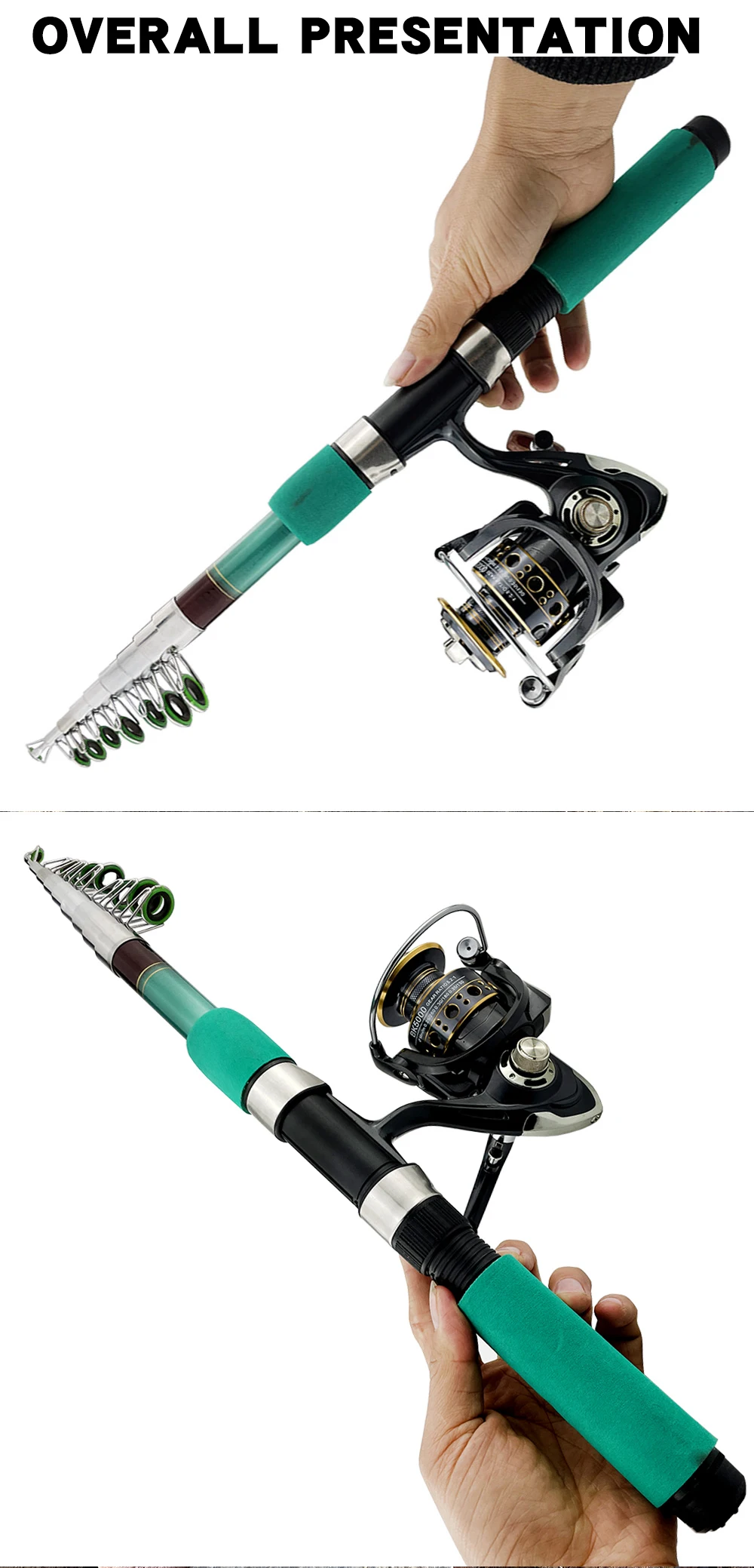 Caña de pesca compacta y versátil con carrete para una pesca fácil y eficiente