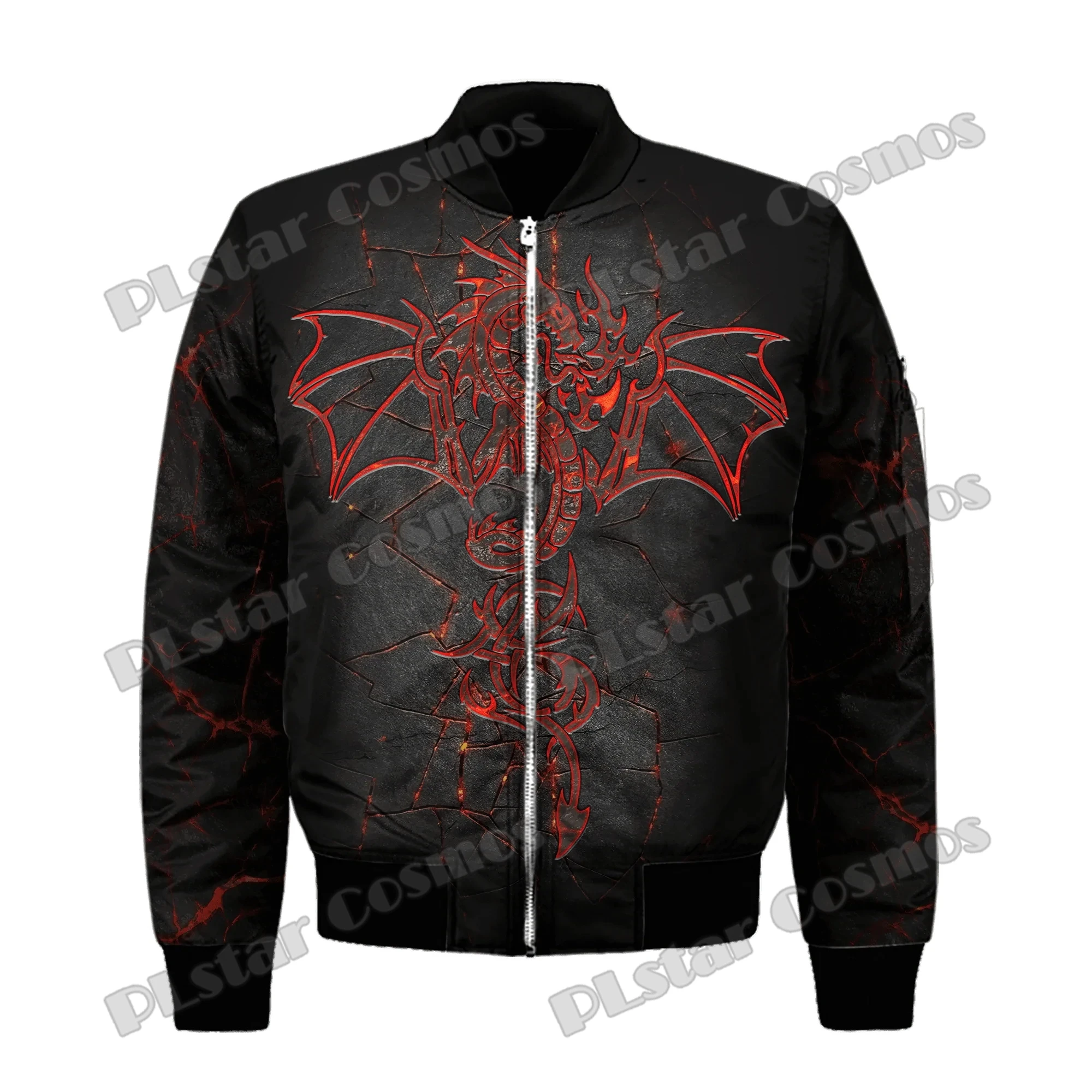 Chaqueta Bomber de invierno para hombre, dragón y Fénix, tatuaje de fuego de hielo, estampado 3D, abrigo grueso con cremallera y bolsillo, chaqueta informal cálida con cremallera, FX-10 - imagen 5