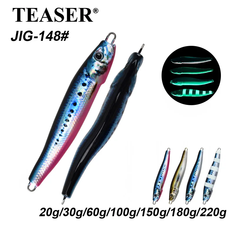 TEASER J148 20g 30g 60g 100g pequeño peso Metal Jigging señuelo de Pesca agua salada plantillas de fundición larga señuelos UV Pesca S forma Jig cebo - imagen 2