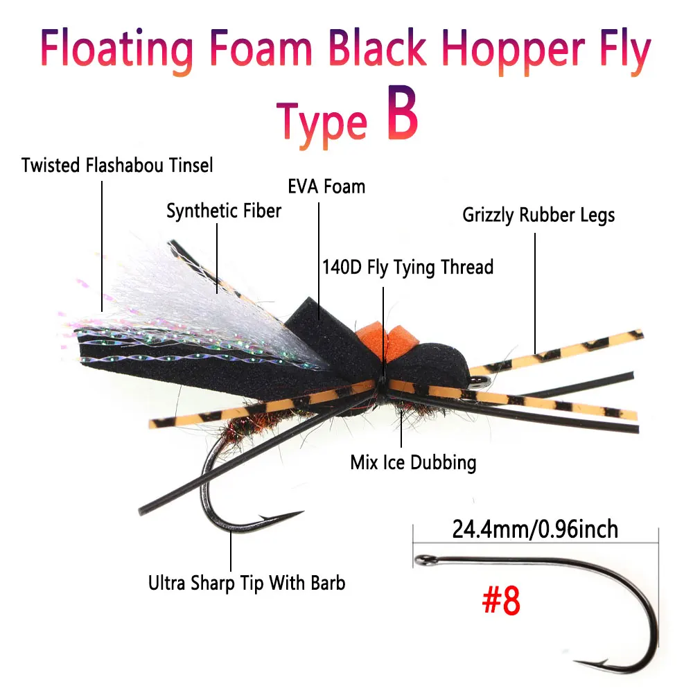 Bimoo 4 piezas # 4 # 8 espuma de alto ciancia, tolva negra, mosca flotante, saltamontes, mosca seca para trucha, lubina, Slamon, tipo de pez, Señuelos de Pesca - imagen 3