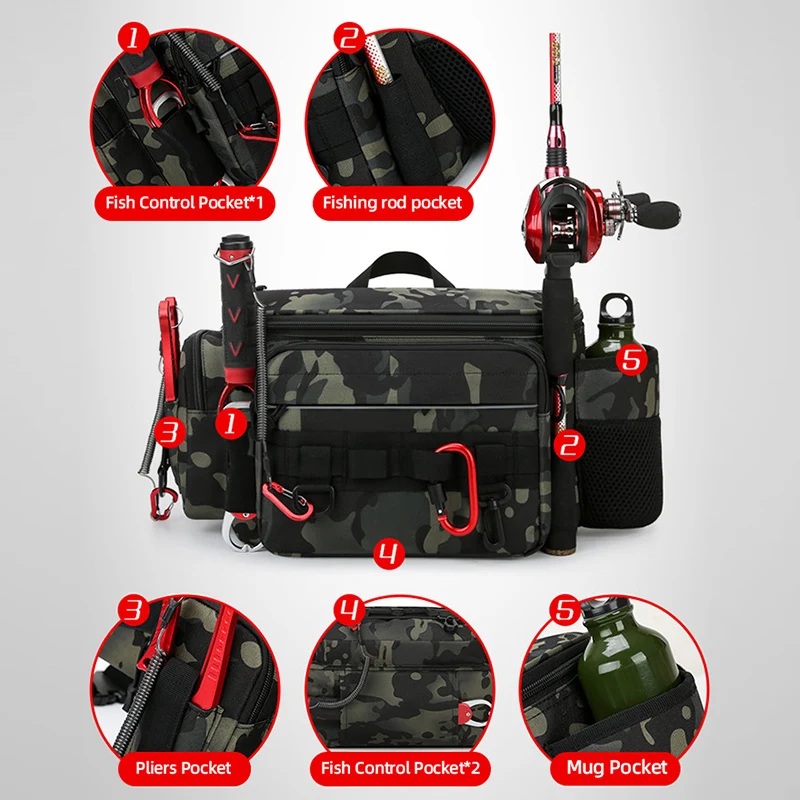 Aparejos de pesca con soportes para caña, bolsa de pecho para exteriores, gran capacidad, senderismo, escalada, bolsa de almacenamiento, organizador de señuelos de peces, mochila de almacenamiento - imagen 5