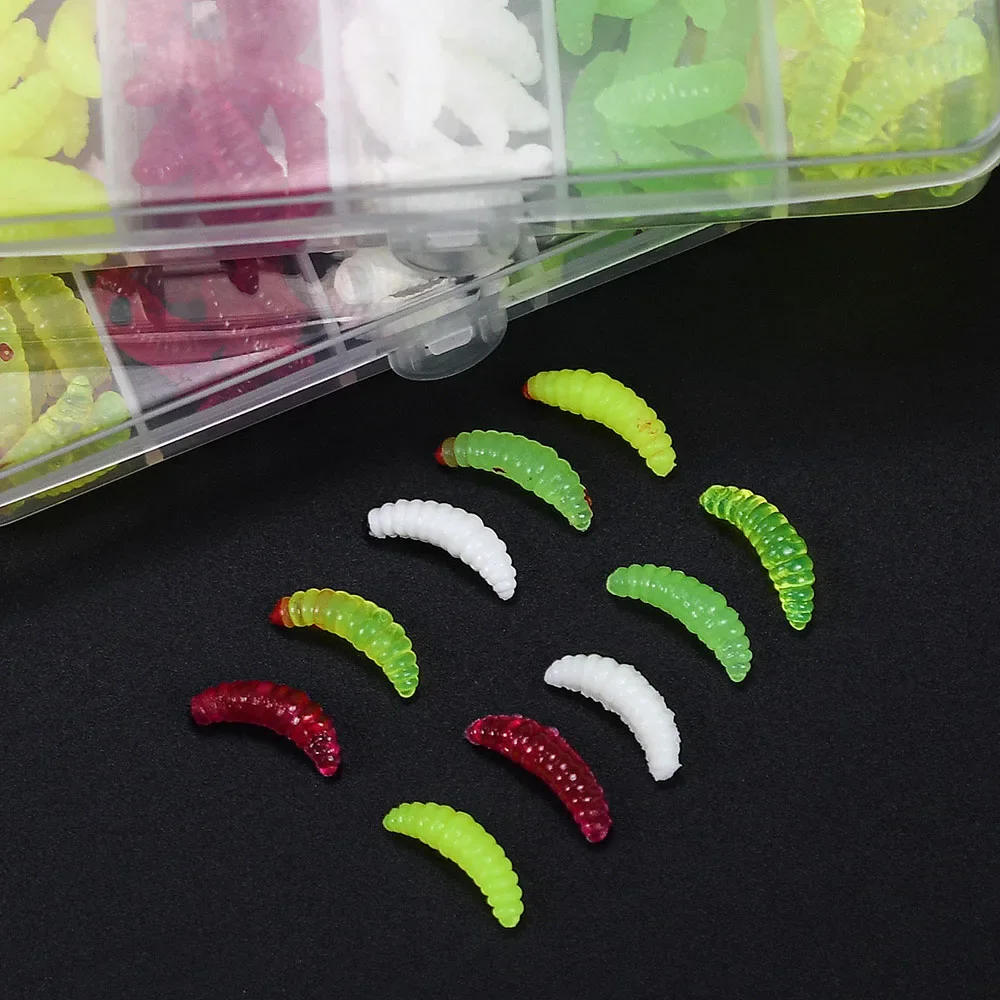 100 Uds Mini cebos de gusano suaves 2cm 5 colores mezclados Señuelos de Pesca silicona pan biónico gusano señuelo caja pesca trucha perca lubina - imagen 5