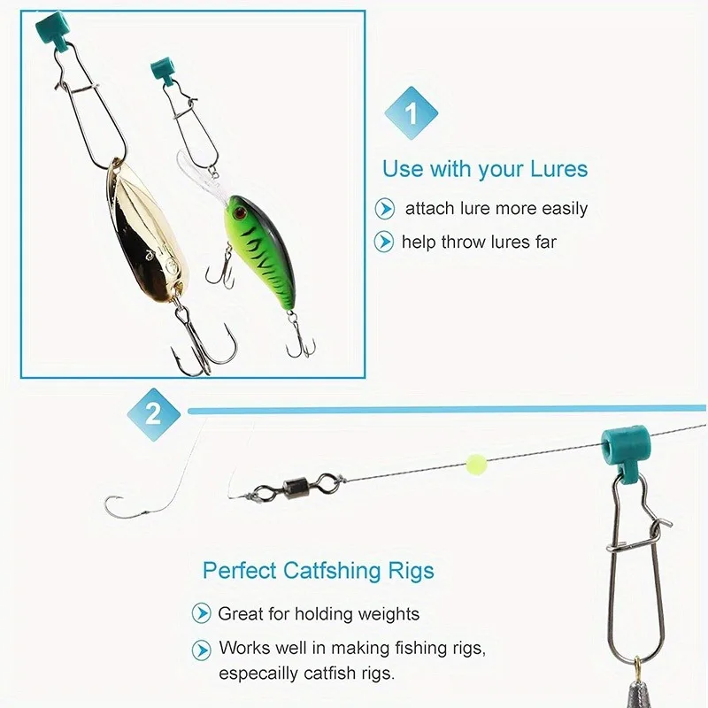 Ackibbik-sedal de pesca de 12/60/100 Uds., deslizadores de plomo, aparejo de pesca para gato, conector de pesas de plomo de alta resistencia para agua salada con cierre Duo Snap - imagen 5