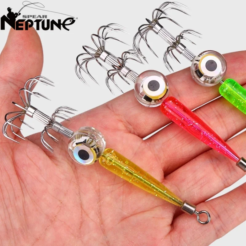 Nuevos Señuelos de Pesca, anzuelo doble de calamar con luz LED, plantilla de calamar, señuelo luminoso, pie web, pulpo, Egi, sepia, cebo, equipo de mar