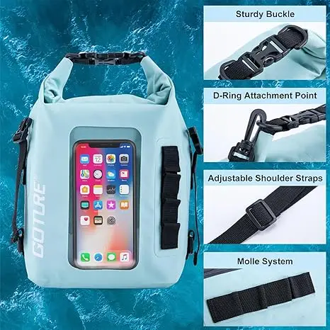 Bolsa seca Goture de 5L, bolsa impermeable de PVC 500D con correas para los hombros, bolsa para teléfono con pantalla táctil para pesca, Camping, viajes en la playa - imagen 3