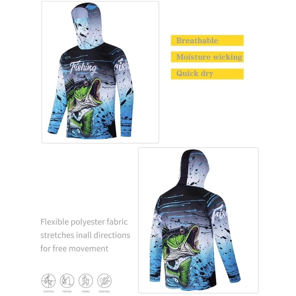 Camisa de pesca con diseño con capucha, máscara de protección UV, Sudadera con capucha, ropa de pesca, tela de rendimiento, Jersey de rendimiento de peso de verano - imagen 5