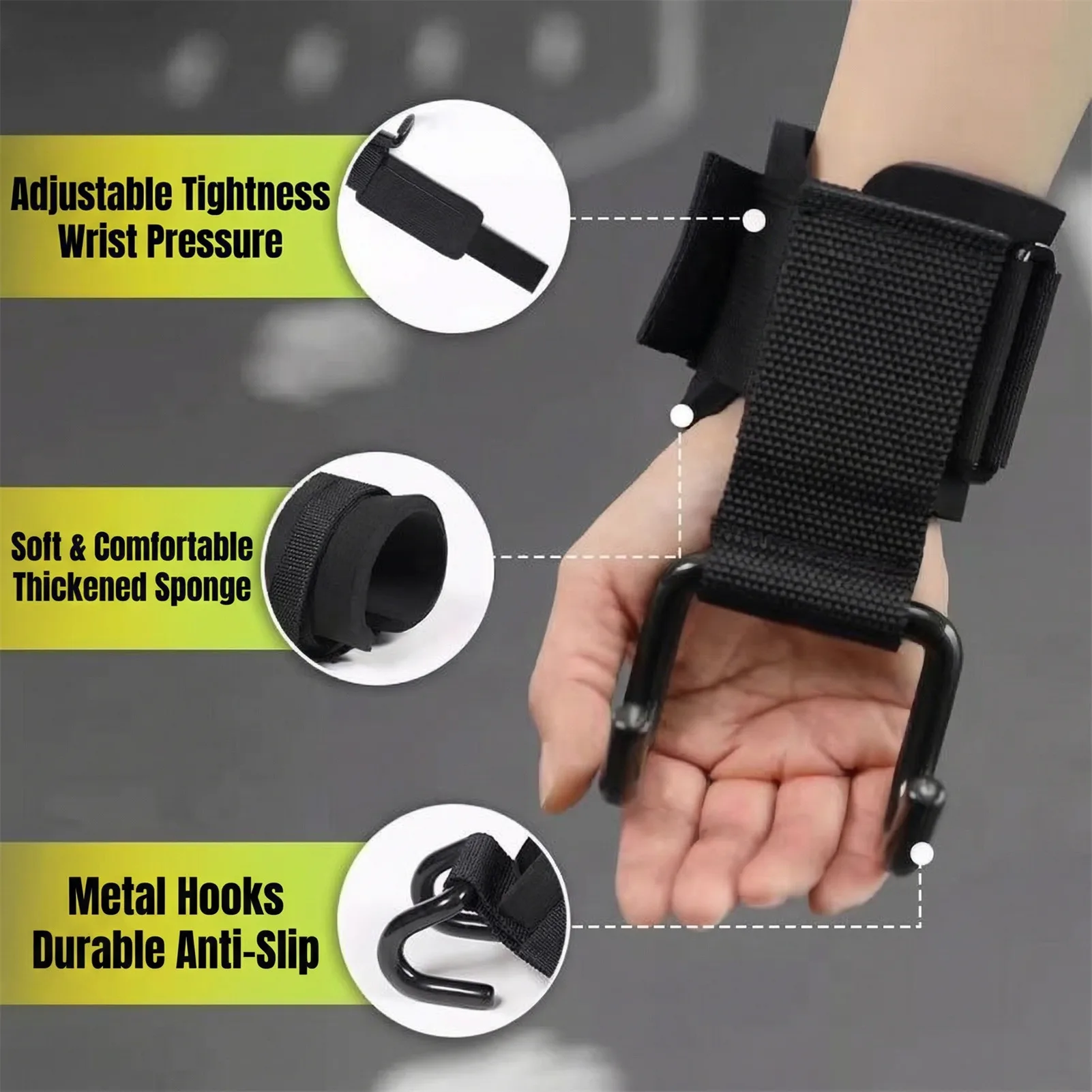 Ganchos de asistencia para dominadas, correas de soporte de muñeca antideslizantes gruesas para barra de dominadas, gimnasio al aire libre, entrenamiento, equipo de entrenamiento de peso muerto - imagen 3