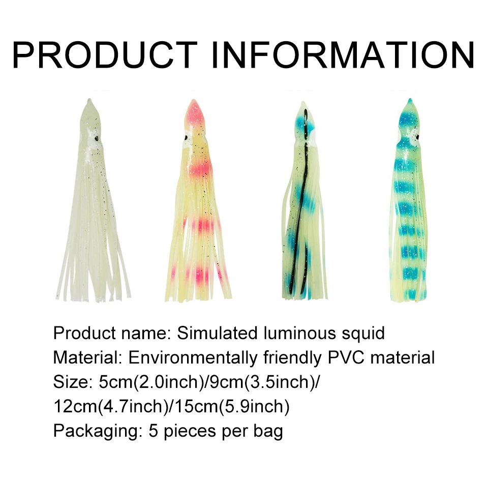 Señuelos blandos de pulpo noctilucente, cebo de pesca Artificial, perca de mar, cebo de calamar, 50mm, 90mm, 115mm, 5 unidades por lote - imagen 2