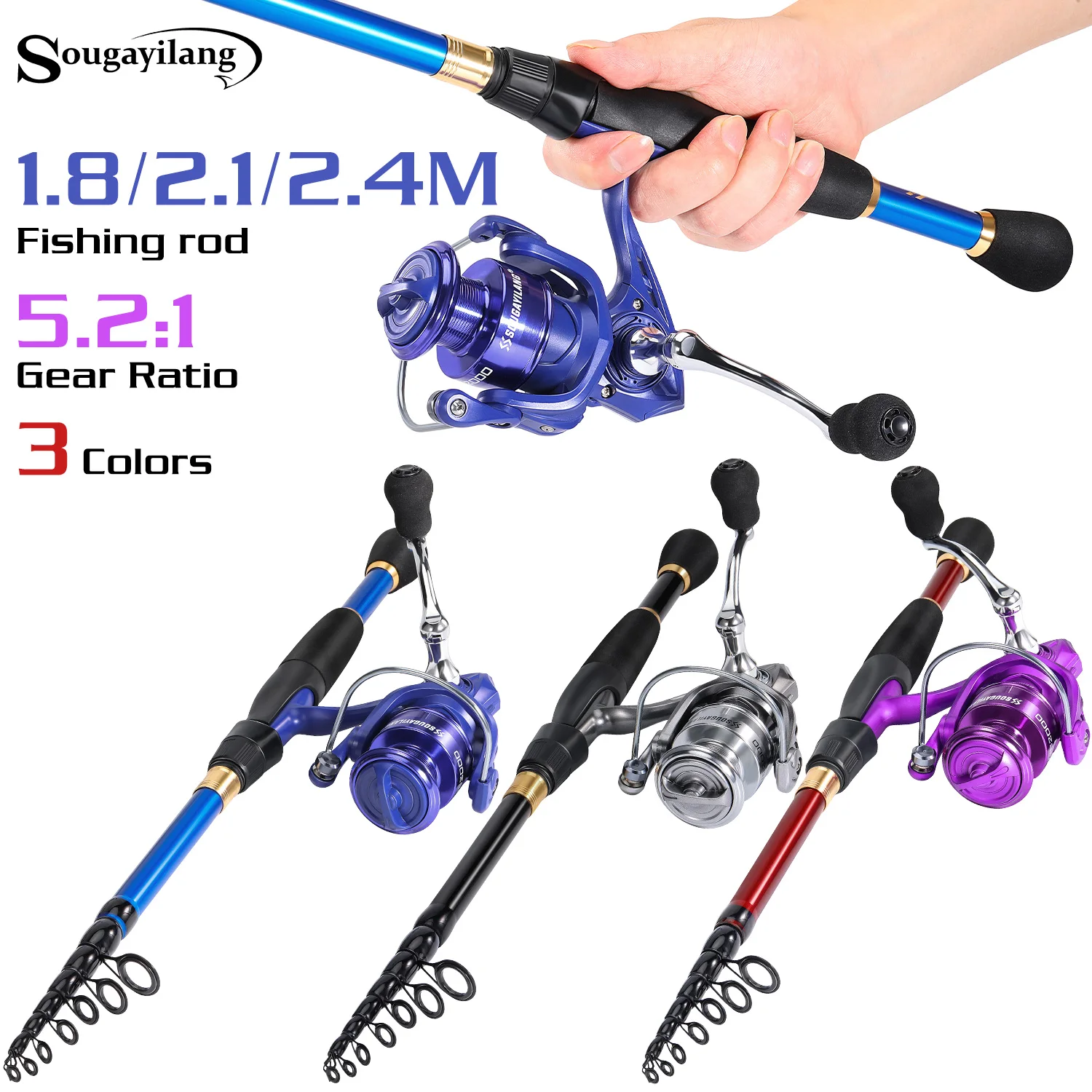 Sougayilang caña de pescar giratoria y bolsa de carrete Kit completo caña de pescar telescópica de carbono relación de engranaje 5,2: 1 carrete Combo pesca de lubina - imagen 2