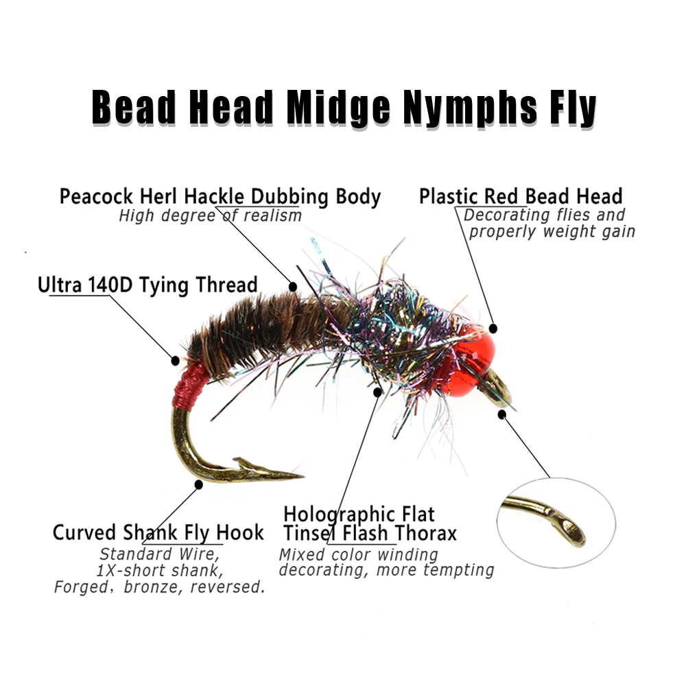 Wifreo 6PCS # 14 cabeza de cuentas rojas de plástico Midge ninfa pavo real Herl Hackle mosca atado gancho Arco Iris trucha pesca de lubina moscas señuelos cebo - imagen 2