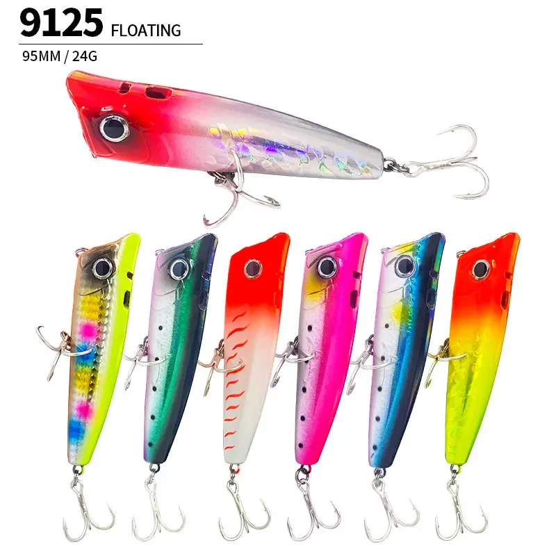 Señuelos de Pesca Topwater Popper, cebo duro Artificial flotante con pulverizador de agua, Swimbait para lubina de agua salada, 95mm, 24g - imagen 3