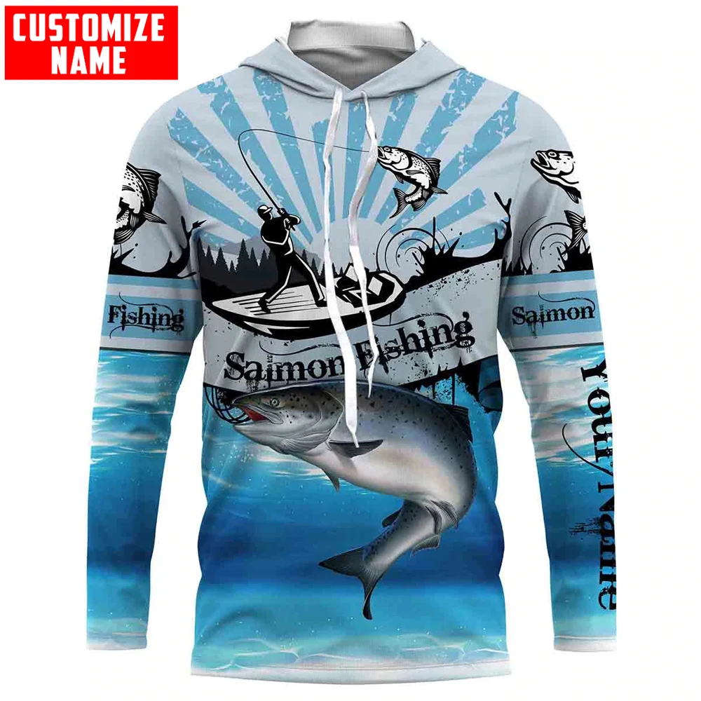Personalizar nombre pesca de salmón azul 3D completamente estampado Sudadera con capucha y sudadera para hombre sudaderas con capucha con cremallera Unisex chándales casuales KJ885 - imagen 4