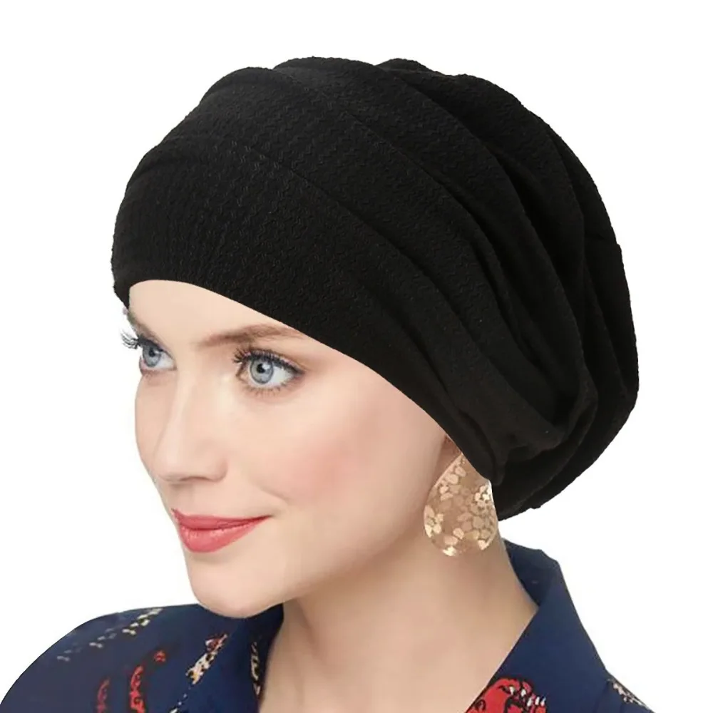 Moda Color sólido mujeres arrugado Hijab turbante poliéster elástico gorros holgados capó suave pañuelo para la cabeza - imagen 2