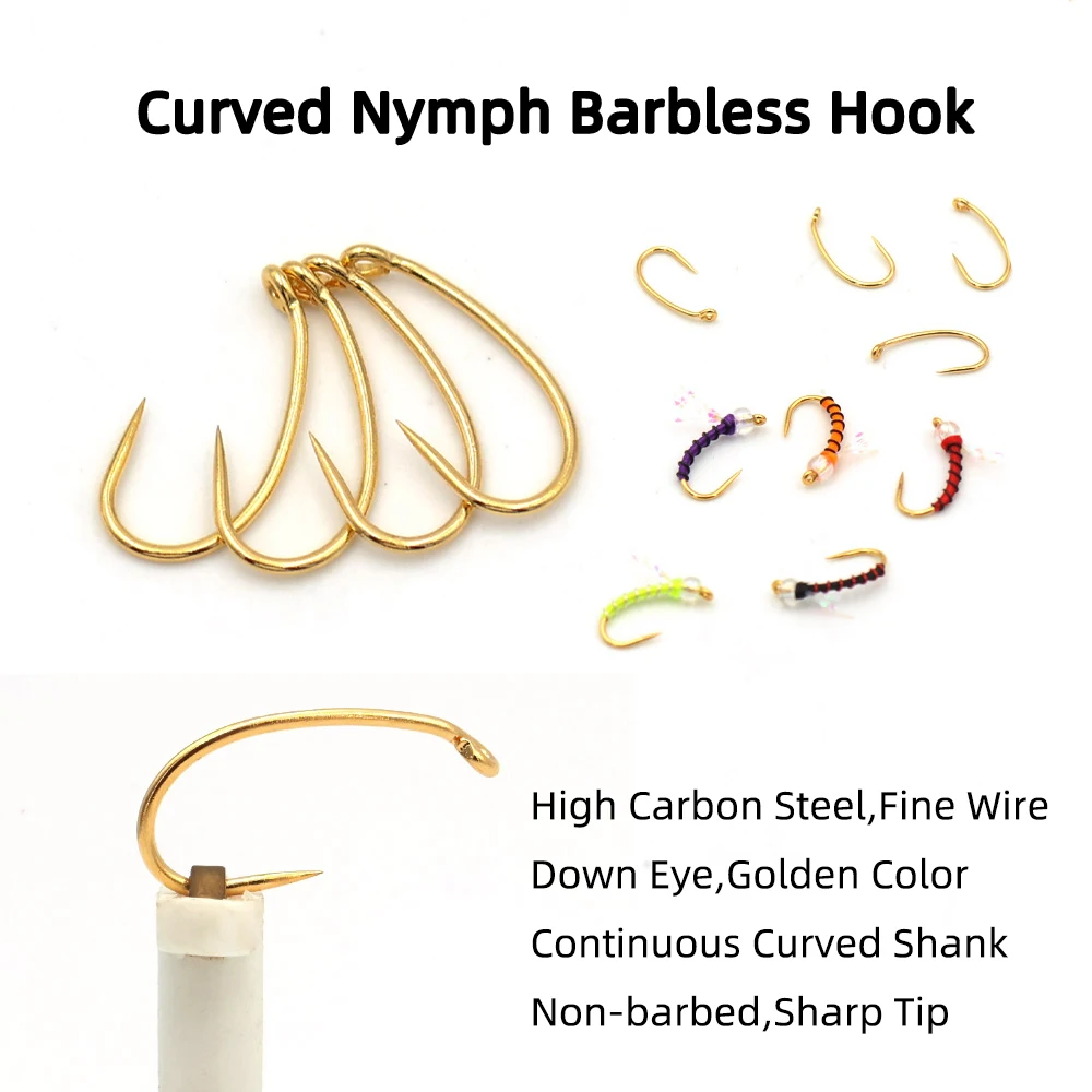 Wifreo 50PCS 20 # ~14 #   Gancho curvo para atar moscas sin púas, ganchos dorados de alambre fino con ojo hacia abajo para larvas Caddis, moscas emergentes - imagen 3