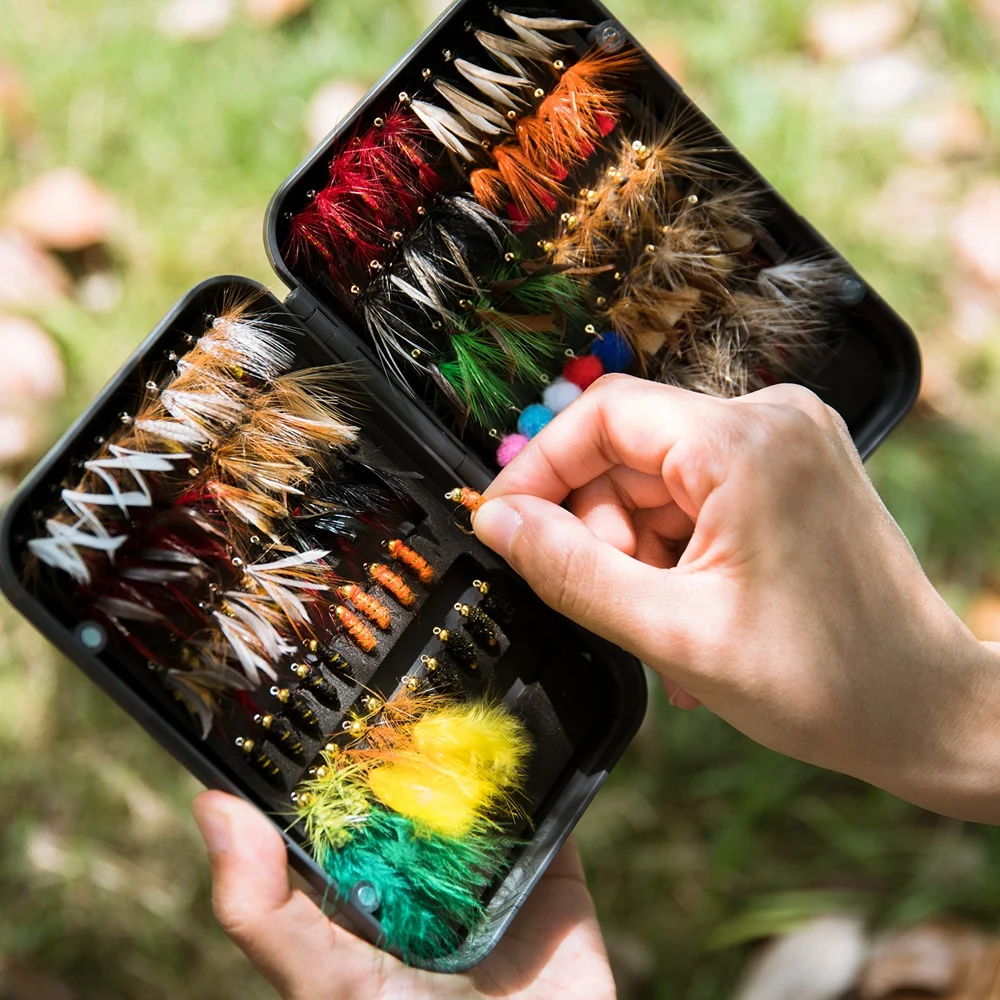 Goture-Kit de Señuelos de Pesca con mosca, 76/100 Uds., Premium, espray de ninfa seca y húmeda, moscas hechas a mano para trucha y lubina con caja - imagen 2