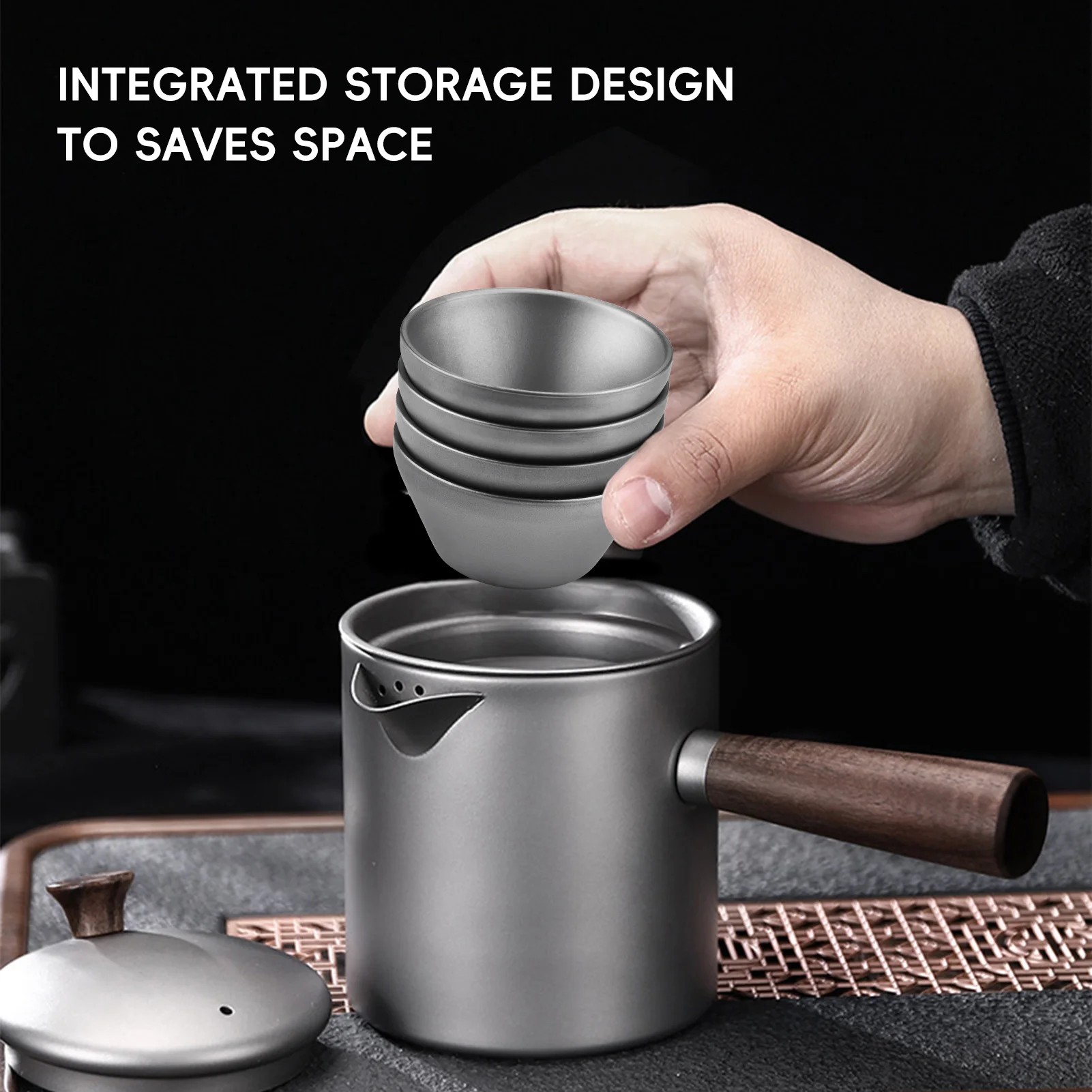 Tetera Ti con mango de madera, tetera portátil con colador para acampar y hacer senderismo - imagen 2