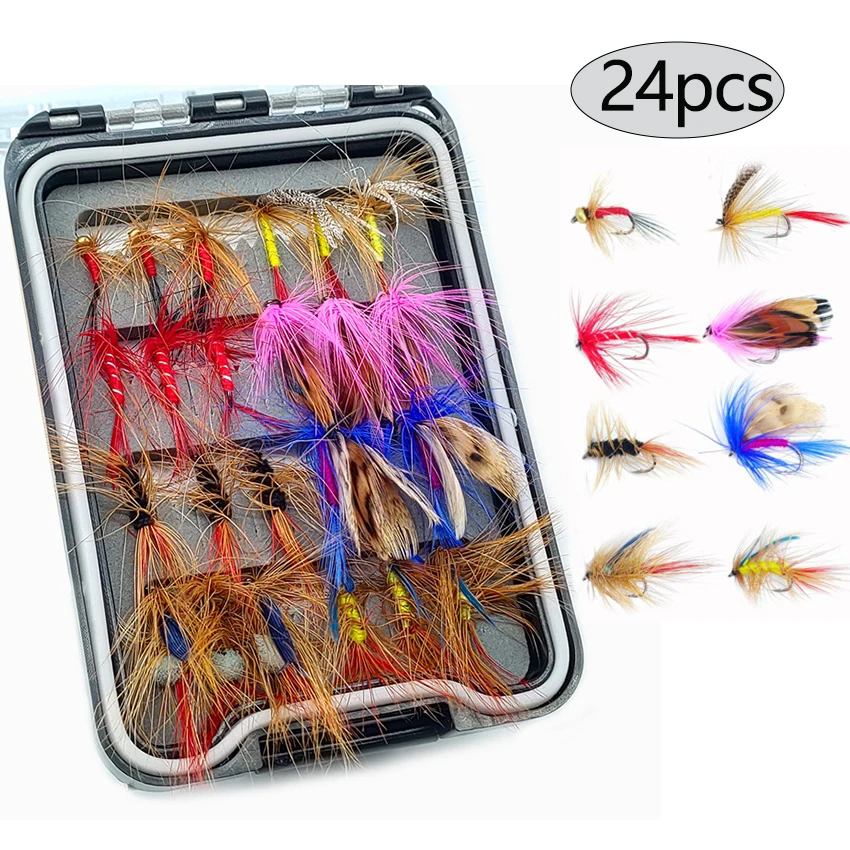 24 unids/caja Señuelos de Pesca con mosca insectos artificiales pesca moscas cebos para trucha carpa pesca señuelo conjunto caja