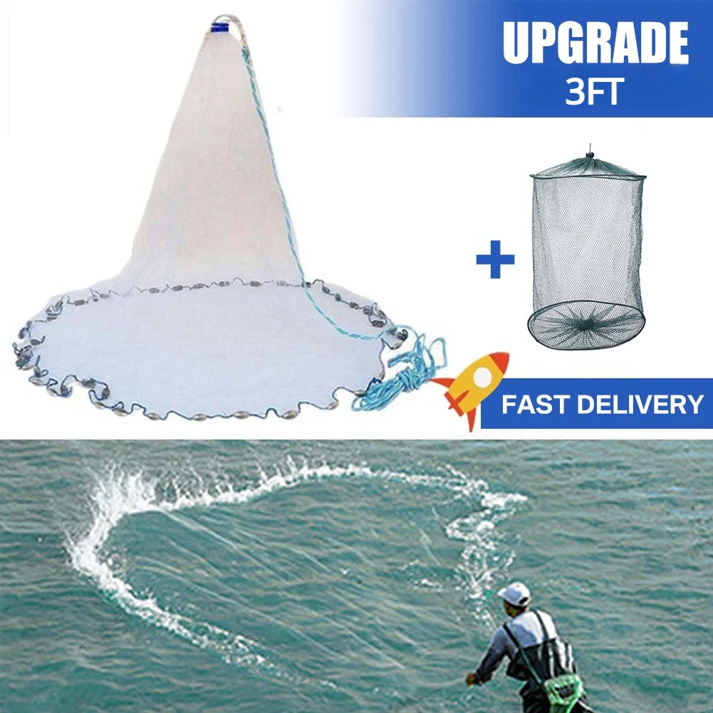 Red de pesca de agua salada americana, radio de 3 pies con plomo de Zinc resistente y disco de aluminio para cebo de pescado con cesta de camarones - imagen 5