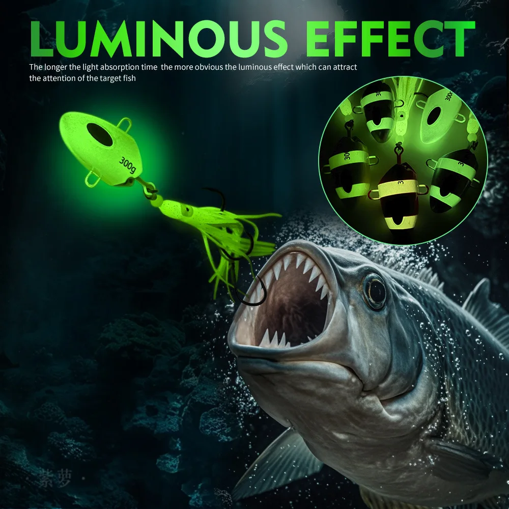Señuelo de pesca con plantilla, pesas de 100g-300g, cabeza de cebo que se hunde de Metal, cebo con faldas de goma, anzuelo doble, aparejos luminosos de Jigging, 1 ud. - imagen 2