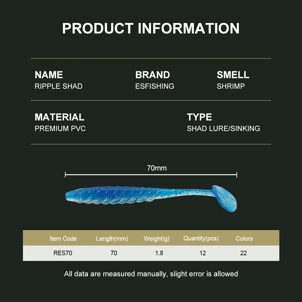 ESFISHING-señuelo de plástico suave, 2,8 pulgadas, 12 Uds., Ondulación Shad, cola en T pequeña, Swimbait, cebo de pesca Jigging para aparejos de perca de lubina - imagen 4