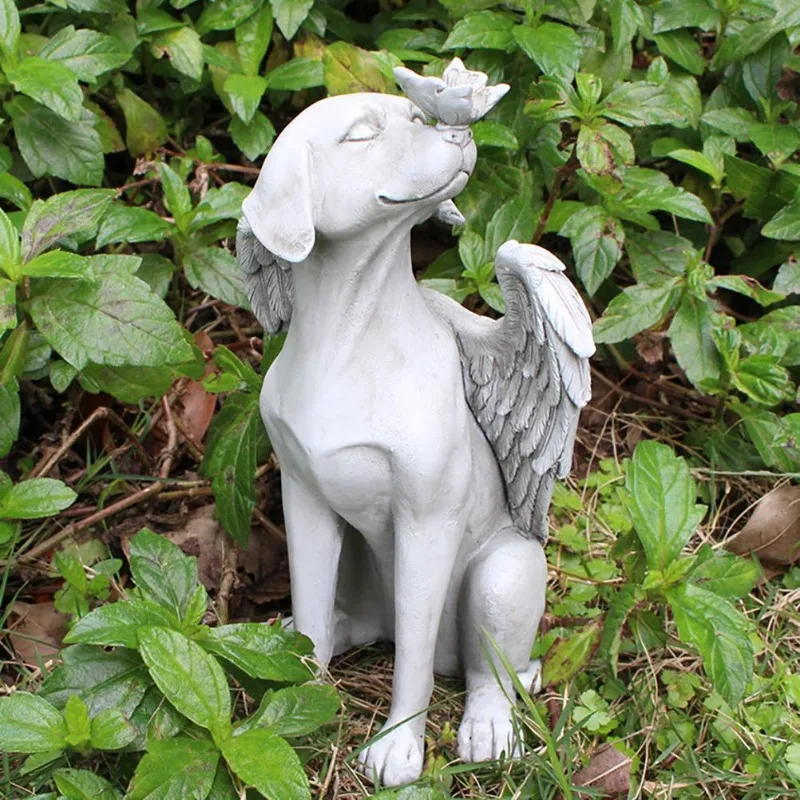 Escultura de perro de Ángel y mariposa de resina, estatua conmemorativa de perro mascota bonita para el hogar, decoración de primavera para patio al aire libre, decoración artística de jardín - imagen 3
