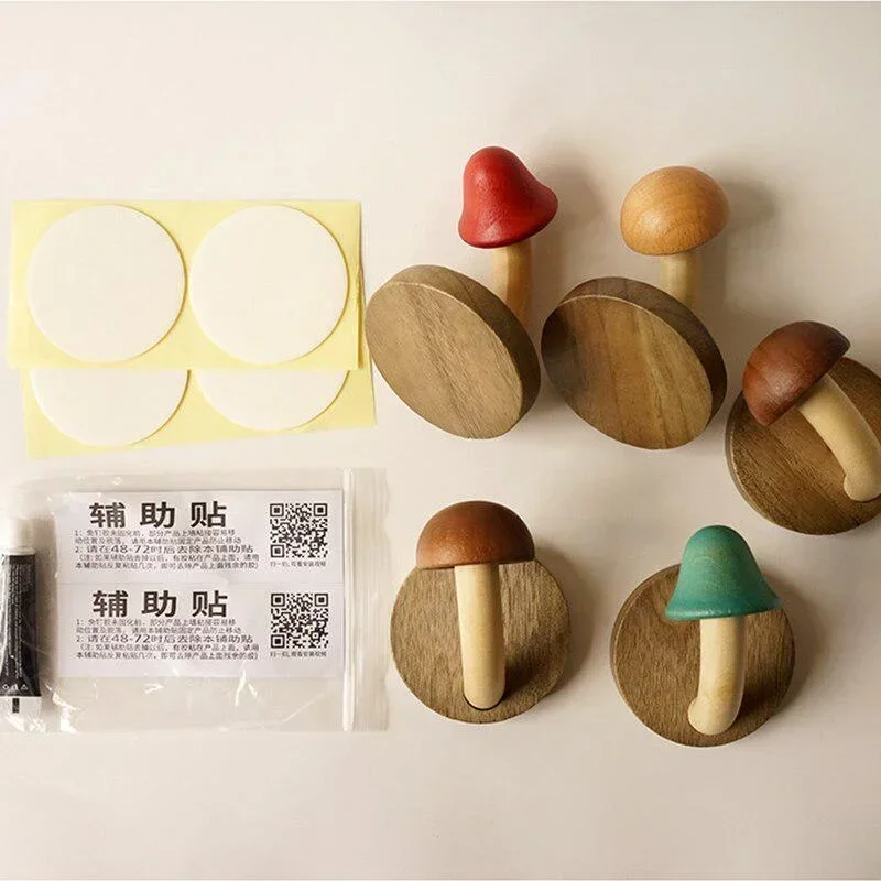 Percha autoadhesiva de madera con forma de seta para ropa y gorras, gancho creativo para colgar en la pared, ideal para organizar el almacenamiento del baño - imagen 5