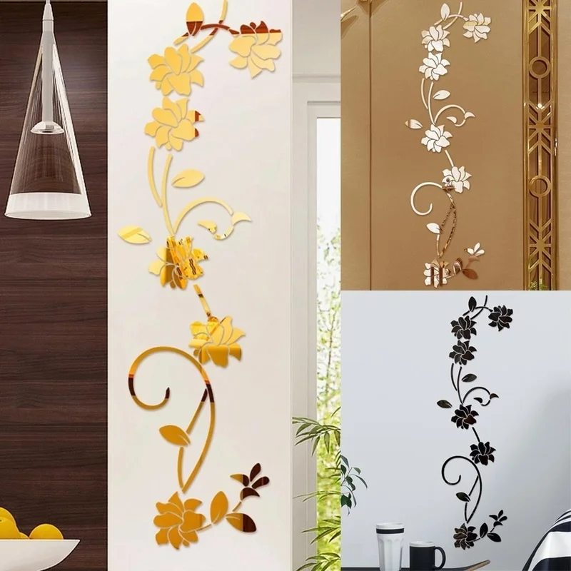 Calcomanía de pared acrílica en forma de flor 3D Diy, accesorios de decoración del hogar románticos estéticos clásicos modernos (negro, dorado y plateado) - imagen 2
