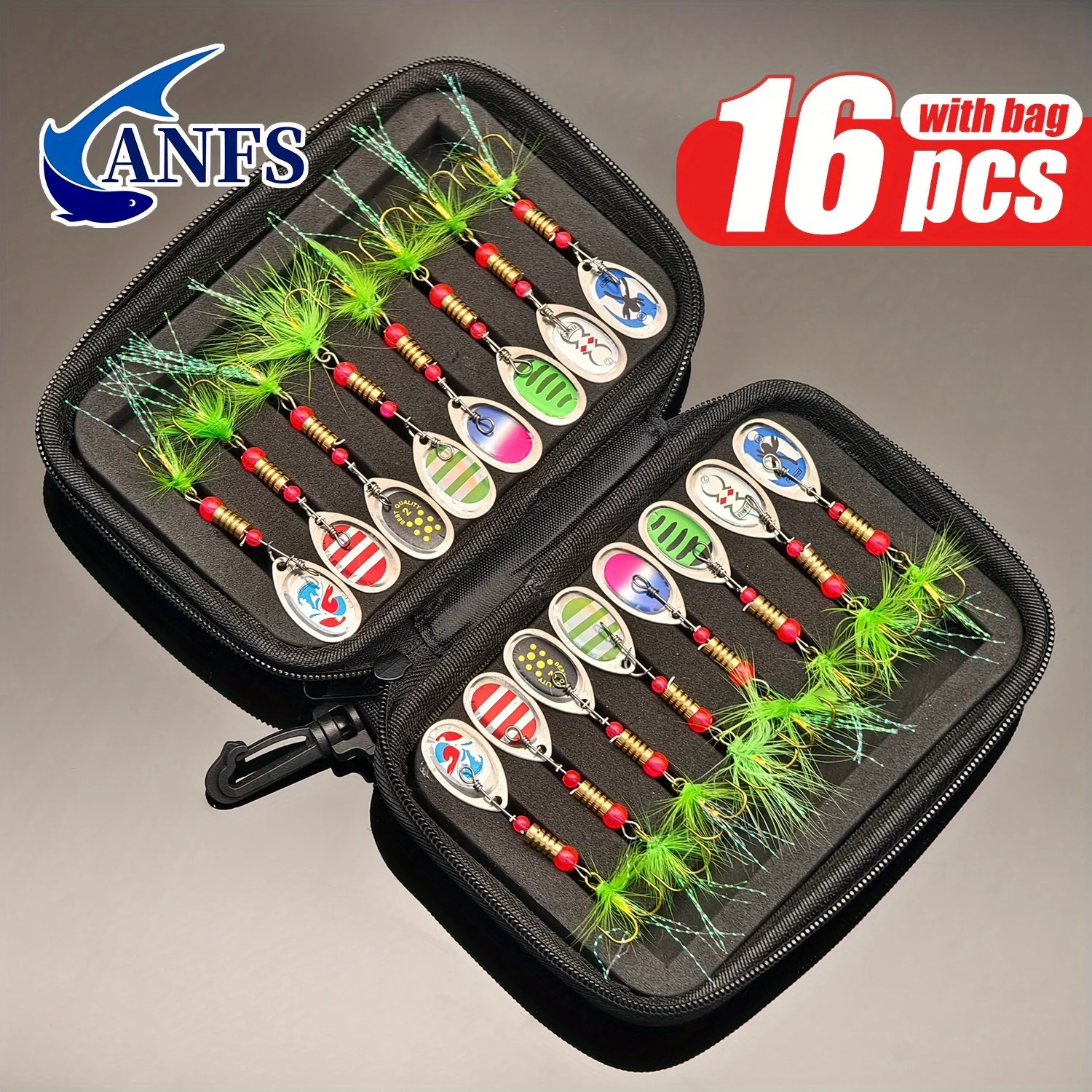 ANFS 16 Uds. Señuelos de pesca de Metal duro-señuelos de trucha, hilanderos de pesca, señuelos giratorios con bolsa de transporte portátil, Kit de Señuelos de Pesca con cuchara
