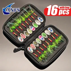 ANFS 16 Uds. Señuelos de pesca de Metal duro-señuelos de trucha, hilanderos de pesca, señuelos giratorios con bolsa de transporte portátil, Kit de Señuelos de Pesca con cuchara