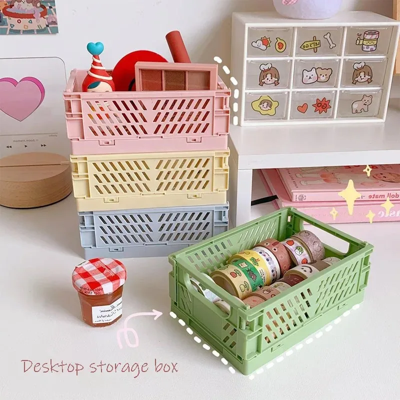 Caja de almacenamiento de escritorio plegable, estante de almacenamiento de papelería para estudiantes, artículos diversos, cesta de almacenamiento de cosméticos, cesta pequeña apilable - imagen 2