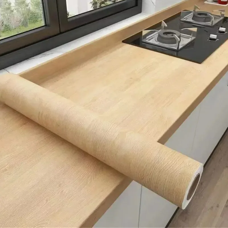 Papel tapiz impermeable de grano de madera de imitación de roble amarillo de 40cm de ancho, pegatina de pared extraíble, decoración autoadhesiva para mesa de gabinete - imagen 5