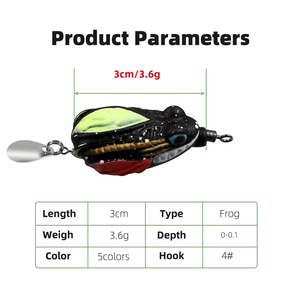 Señuelo de pesca de rana suave, 3cm/3,6g, con anzuelos dobles en sangre, cebo Artificial de rana con rayos de agua superiores - imagen 2
