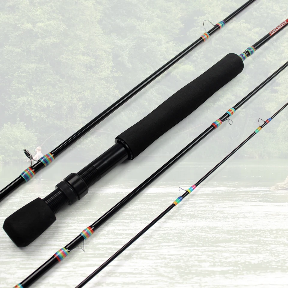 Caña de pescar con mosca de cuatro secciones, fibra de carbono de alta densidad, solo pesa 120 g, pero resiste a la flexión/rotura. Fundición suave cada vez